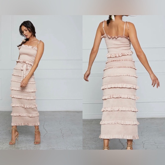 V. Chapman Lily Ruched & Ruffled Stretch Satin Midi Dress Dusty Rose NWT - Picture 1 of 10